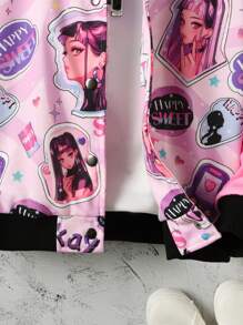 SHEIN 女大童字母人物圖案落肩袖學院風夾克 - 彩色 - 查看 3