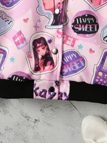 SHEIN 女大童字母人物圖案落肩袖學院風夾克 - 彩色 - 查看 4