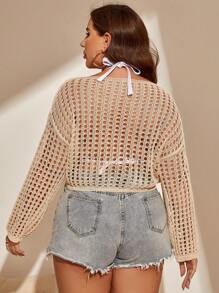 Swim Lushoire 大碼鏤空落肩袖短款罩衫不附比基尼 - 卡其色 - 查看 4