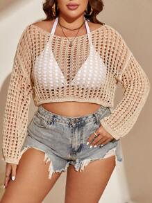 Swim Lushoire 大碼鏤空落肩袖短款罩衫不附比基尼 - 卡其色 - 查看 2