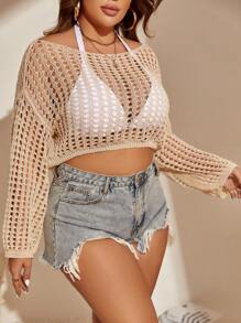 Swim Lushoire 大碼鏤空落肩袖短款罩衫不附比基尼 - 卡其色 - 查看 5