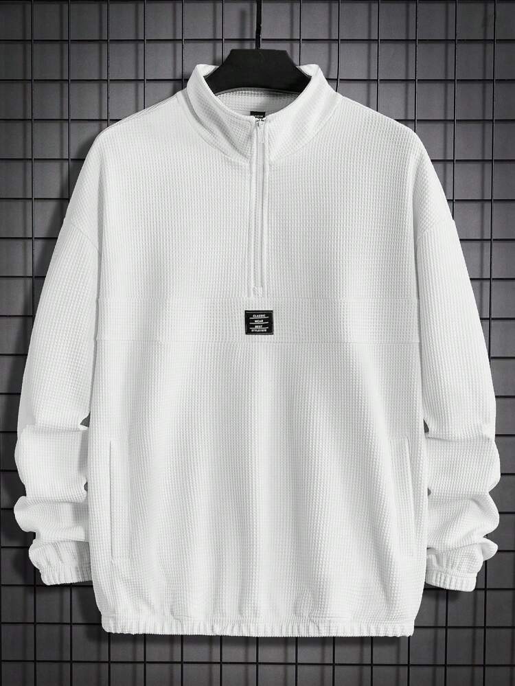 Men Loose Letter Patched Detail Half Zip Drop Shoulder Sweatshirt, For Fall Winter