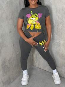 Slaydiva Cartoon Graphic Crop Tee & Leggings - Grey - View 1