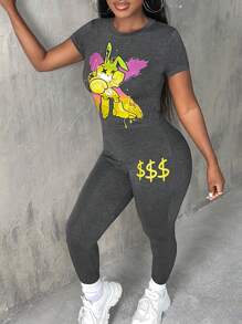 Slaydiva Cartoon Graphic Crop Tee & Leggings - Grey - View 3
