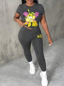 Slaydiva Cartoon Graphic Crop Tee & Leggings - Grey - View 4
