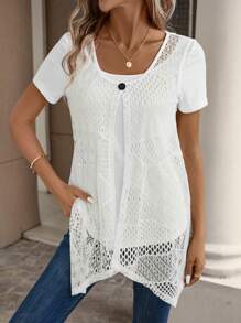 SHEIN LUNE Solid Open Knit 2 In 1 Tee - White - View 1