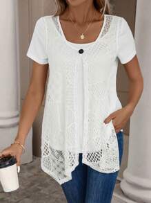 SHEIN LUNE Solid Open Knit 2 In 1 Tee - White - View 4
