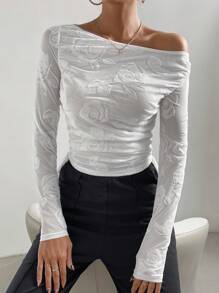 SHEIN Essnce Floral Print Asymmetrical Neck Ruched Side Mesh Top - White - View 1