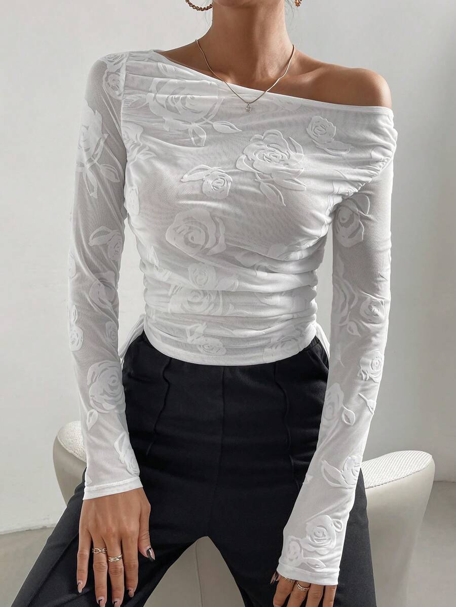 SHEIN Essnce Floral Print Asymmetrical Neck Ruched Side Mesh Top - White - View 1