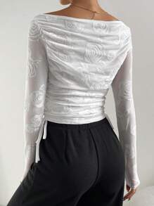 SHEIN Essnce Floral Print Asymmetrical Neck Ruched Side Mesh Top - White - View 2