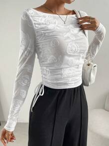 SHEIN Essnce Floral Print Asymmetrical Neck Ruched Side Mesh Top - White - View 3