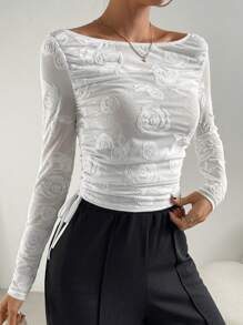 SHEIN Essnce Floral Print Asymmetrical Neck Ruched Side Mesh Top - White - View 4