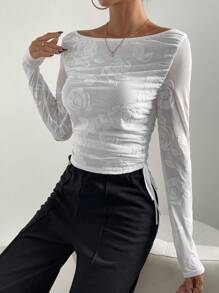 SHEIN Essnce Floral Print Asymmetrical Neck Ruched Side Mesh Top - White - View 5