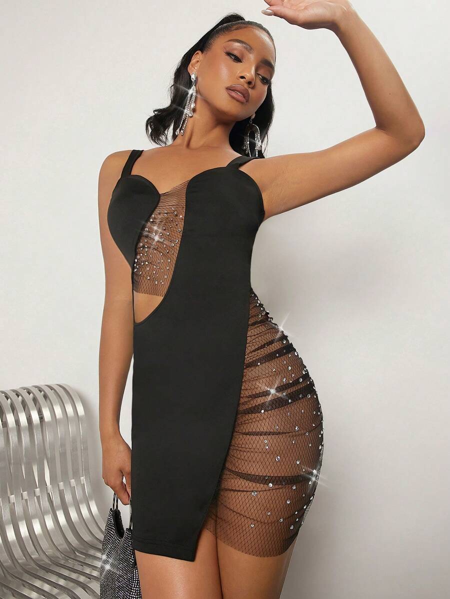 SHEIN BAE Rhinestone Chi tiết Lưới tương phản Váy Dây - màu đen - Xem 1