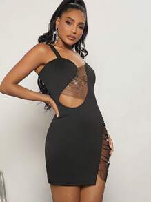 SHEIN BAE Rhinestone Chi tiết Lưới tương phản Váy Dây - màu đen - Xem 4