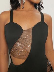 SHEIN BAE Rhinestone Chi tiết Lưới tương phản Váy Dây - màu đen - Xem 6