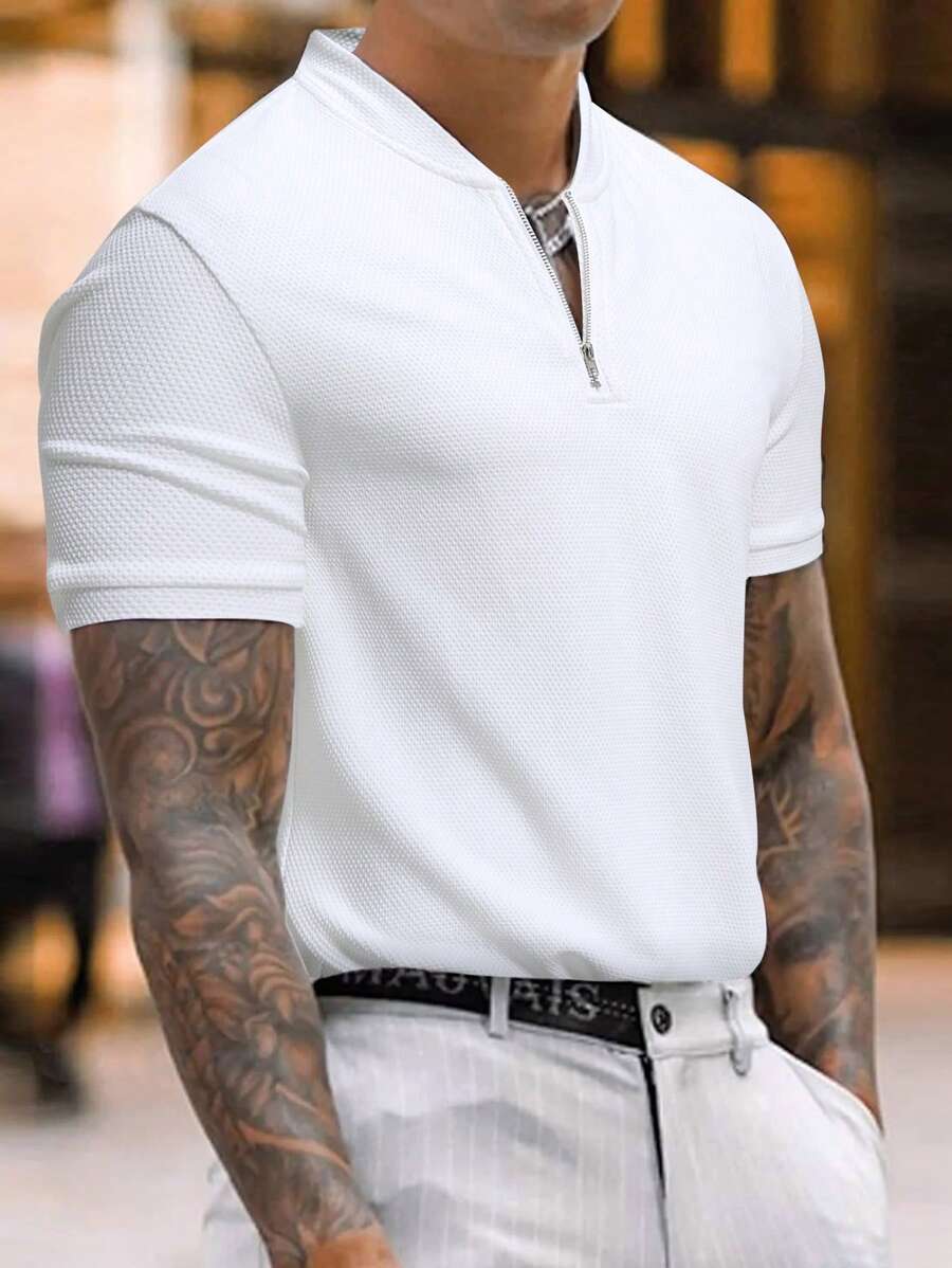 Manfinity Homme Hombres Camisa polo cremallera cuarta - Blanco - Ver 1