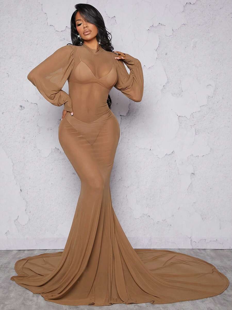 Hauture Lantern Sleeve Mermaid Hem Mesh Dress - Khaki - View 1