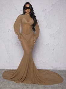 Hauture Lantern Sleeve Mermaid Hem Mesh Dress - Khaki - View 3