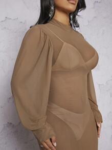 Hauture Lantern Sleeve Mermaid Hem Mesh Dress - Khaki - View 5