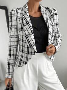 SHEIN Essnce 優雅格子女士呢子 - 藍白色 - 查看 4