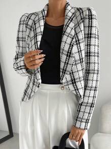 SHEIN Essnce 優雅格子女士呢子 - 藍白色 - 查看 5