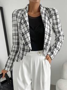 SHEIN Essnce 優雅格子女士呢子 - 藍白色 - 查看 1