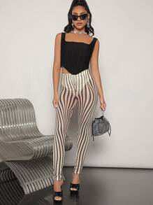 SHEIN BAE Striped Print Mesh Insert Pantyhose Leggings - Multicolor - View 3