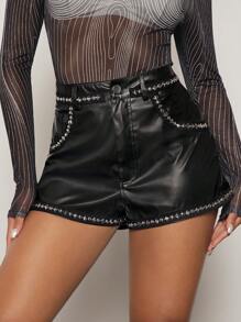 SHEIN BAE Shorts con diseño de tachuela con cinturón PU - Negro - Ver 1