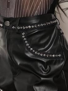 SHEIN BAE Shorts con diseño de tachuela con cinturón PU - Negro - Ver 5