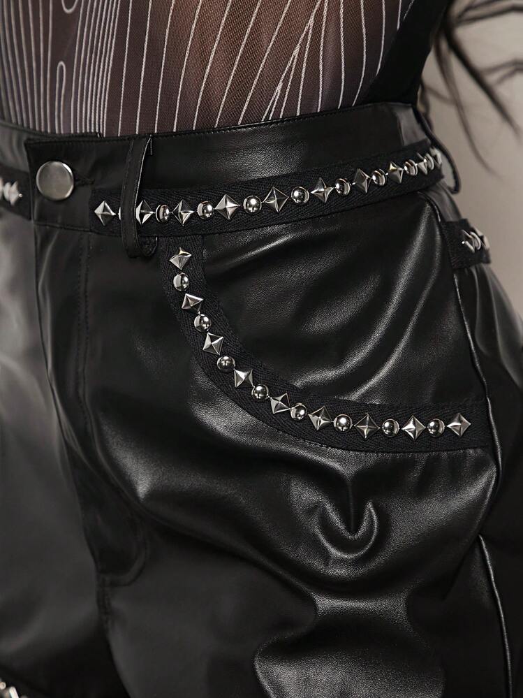 SHEIN BAE Detalhe Cravejado Com Cinto Couro Pu Shorts - Preto - Visão 5