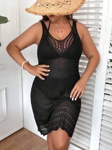 SHEIN Swim Curve 大碼鏤空罩衫連衣裙不附帶比基尼套裝 - 黑色 - 查看 1