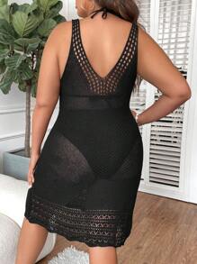 SHEIN Swim Curve 大碼鏤空罩衫連衣裙不附帶比基尼套裝 - 黑色 - 查看 2