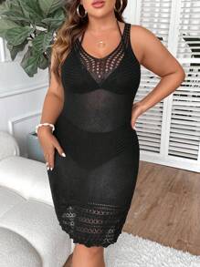 SHEIN Swim Curve 大碼鏤空罩衫連衣裙不附帶比基尼套裝 - 黑色 - 查看 3