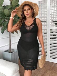 SHEIN Swim Curve 大碼鏤空罩衫連衣裙不附帶比基尼套裝 - 黑色 - 查看 5