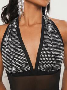 SHEIN SXY 水鑽細節網紗拼接繞頸緊身連體衣 - 黑色 - 查看 5