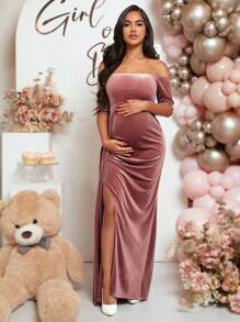 SHEIN Loomaby Váy nhung xẻ đùi trễ vai cho bà bầu - Bụi hồng - Xem 1