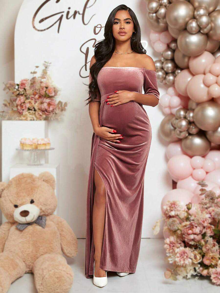 SHEIN Loomaby Váy nhung xẻ đùi trễ vai cho bà bầu - Bụi hồng - Xem 1