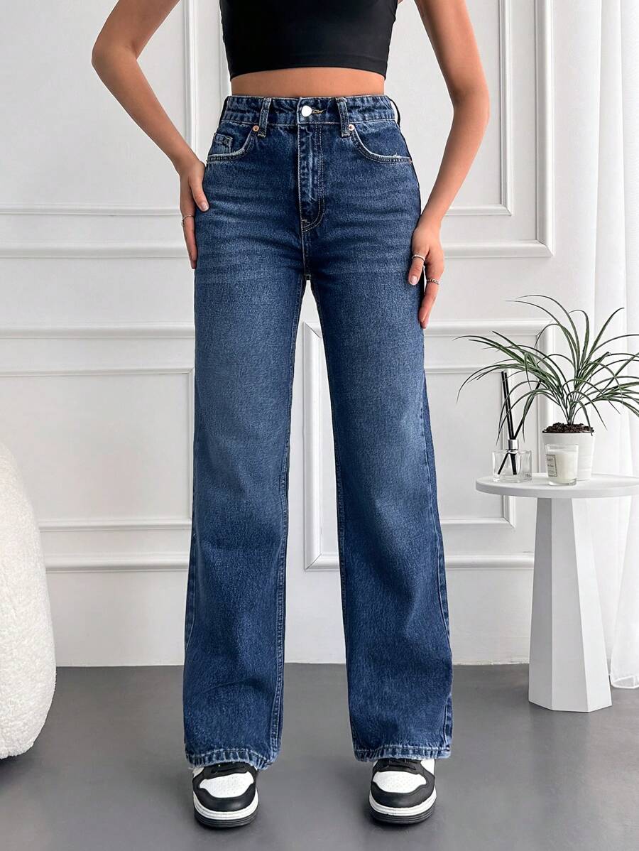 SHEIN Cottnline Casual Slant Pocket Straight Leg Jeans - Dark Wash - View 1