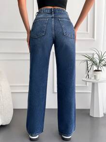 SHEIN Cottnline Casual Slant Pocket Straight Leg Jeans - Dark Wash - View 2