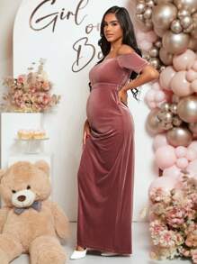 SHEIN Loomaby Váy nhung xẻ đùi trễ vai cho bà bầu - Bụi hồng - Xem 3