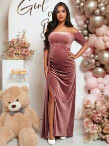 SHEIN Loomaby Váy nhung xẻ đùi trễ vai cho bà bầu - Bụi hồng - Xem 4