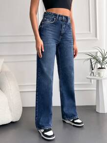 SHEIN Cottnline Casual Slant Pocket Straight Leg Jeans - Dark Wash - View 4