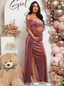 SHEIN Loomaby Váy nhung xẻ đùi trễ vai cho bà bầu - Bụi hồng - Xem 6