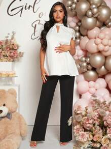 Loomaby Elegant Maternity Solid Color Lace Patchwork Short Sleeve Shirt For Baby Shower