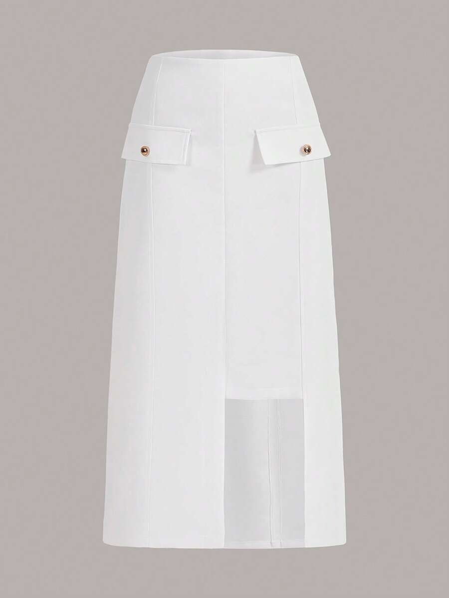 SHEINNeu Flap Detail Mesh Overlay Skirt - White - View 1