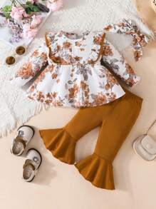 Đứa bé gái In hoa Viền Ruffle tay áo lá sen Áo & Quần ống loe & Băng đô đầu - Cà phê nâu - Xem 1
