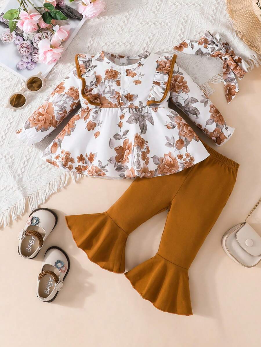 Đứa bé gái In hoa Viền Ruffle tay áo lá sen Áo & Quần ống loe & Băng đô đầu - Cà phê nâu - Xem 1