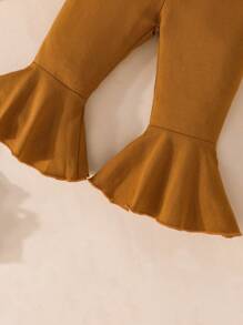 Đứa bé gái In hoa Viền Ruffle tay áo lá sen Áo & Quần ống loe & Băng đô đầu - Cà phê nâu - Xem 3