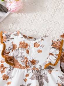 Đứa bé gái In hoa Viền Ruffle tay áo lá sen Áo & Quần ống loe & Băng đô đầu - Cà phê nâu - Xem 4